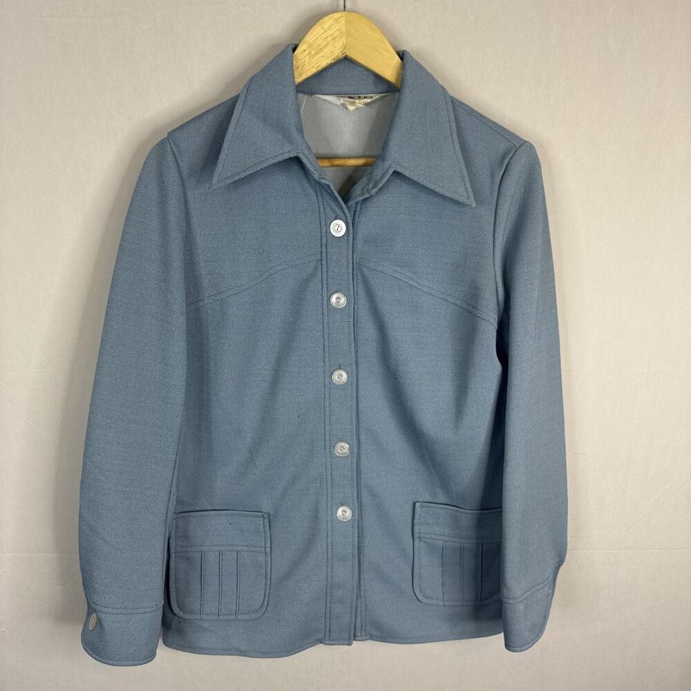 Vintage 70s Galliano Blue Disco Shirt Jacket Wide Collar Button Front Women’s M‎